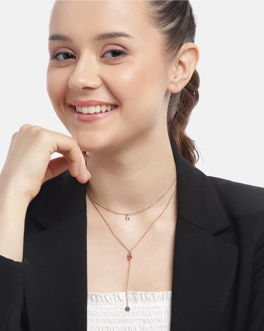 18kt Rose Gold Plated with CZ Double Chain Lariat Necklace for women