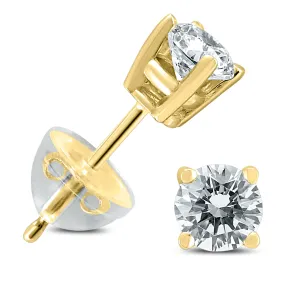 .50CTW Round Diamond Solitaire Stud Earrings In 14k Yellow Gold with Silicon Backs