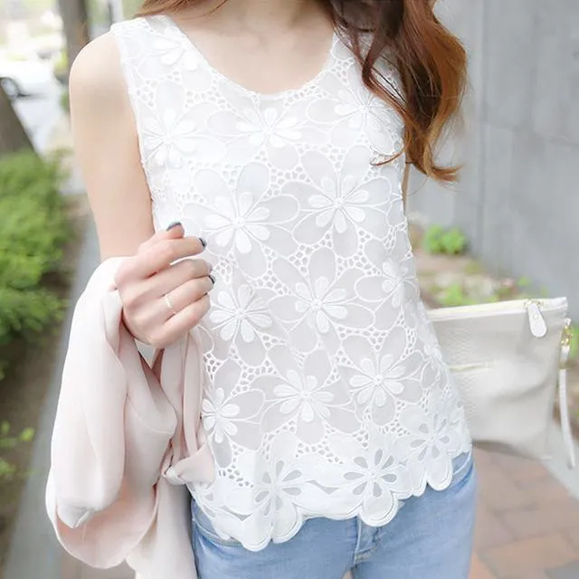 6XL Women's Summer Fashion Lace Sleeveless Crochet Blouse Shirt