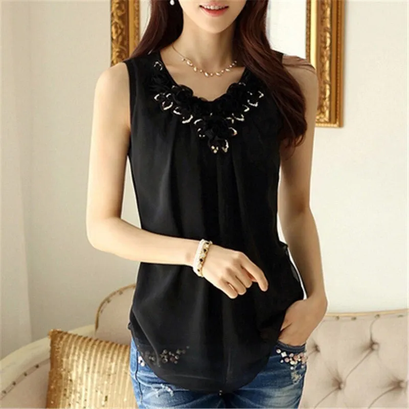 6XL Women's Summer Fashion Lace Sleeveless Crochet Blouse Shirt