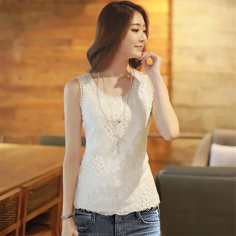 6XL Women's Summer Fashion Lace Sleeveless Crochet Blouse Shirt