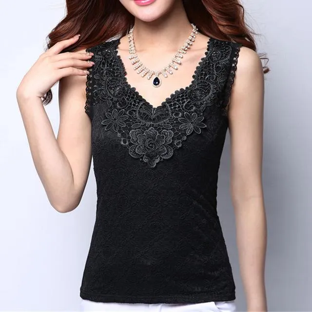 6XL Women's Summer Fashion Lace Sleeveless Crochet Blouse Shirt