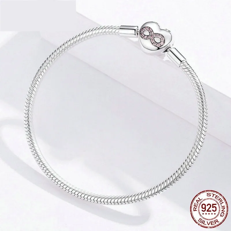 925 Sterling Silver Heart Shape Snake Chain Bangle Bracelet for Women