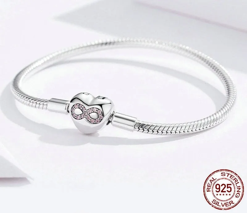 925 Sterling Silver Heart Shape Snake Chain Bangle Bracelet for Women