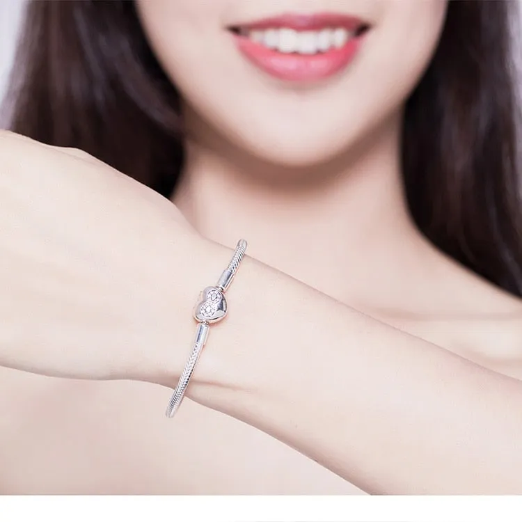 925 Sterling Silver Heart Shape Snake Chain Bangle Bracelet for Women