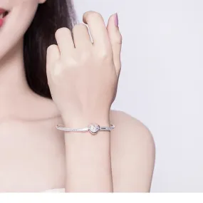 925 Sterling Silver Heart Shape Snake Chain Bangle Bracelet for Women