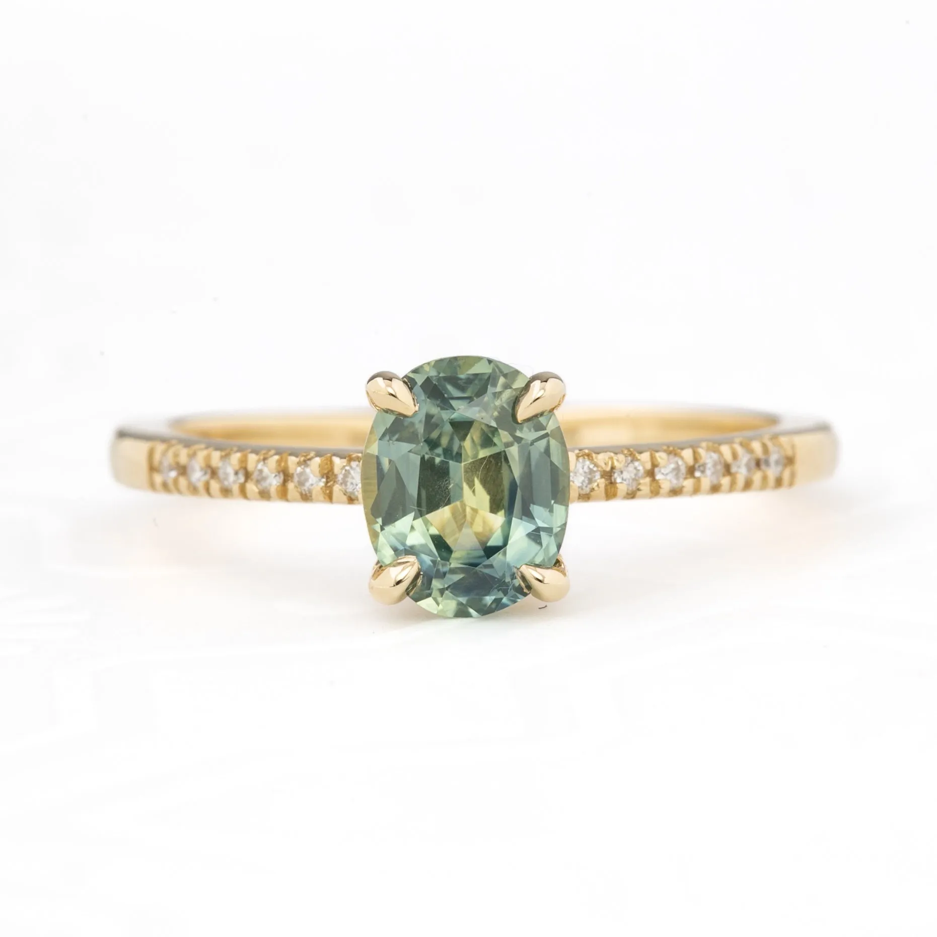 Audrey Ring 1.20ct Light Blue Green Montana Sapphire, 14k Yellow Gold (One of a kind)