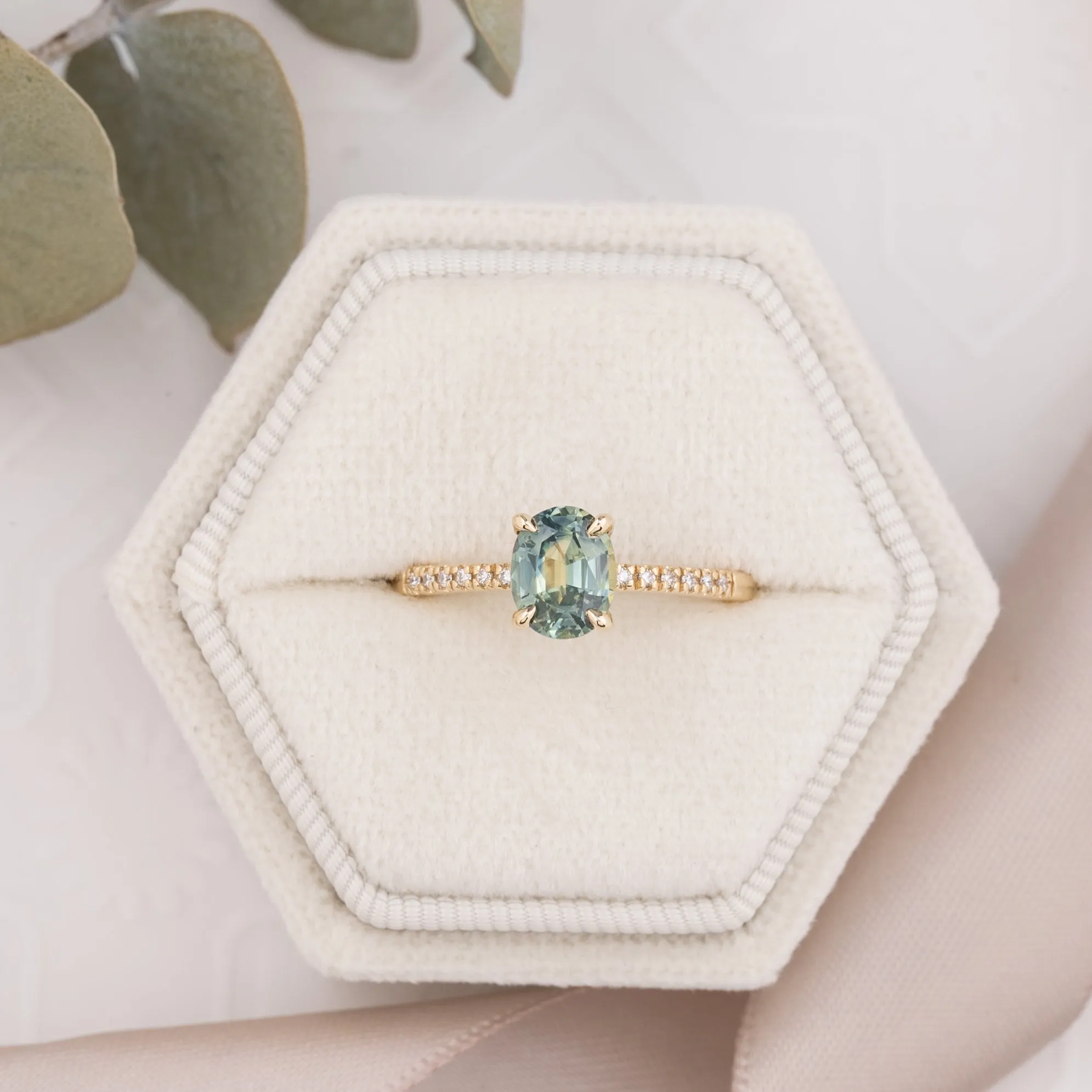 Audrey Ring 1.20ct Light Blue Green Montana Sapphire, 14k Yellow Gold (One of a kind)