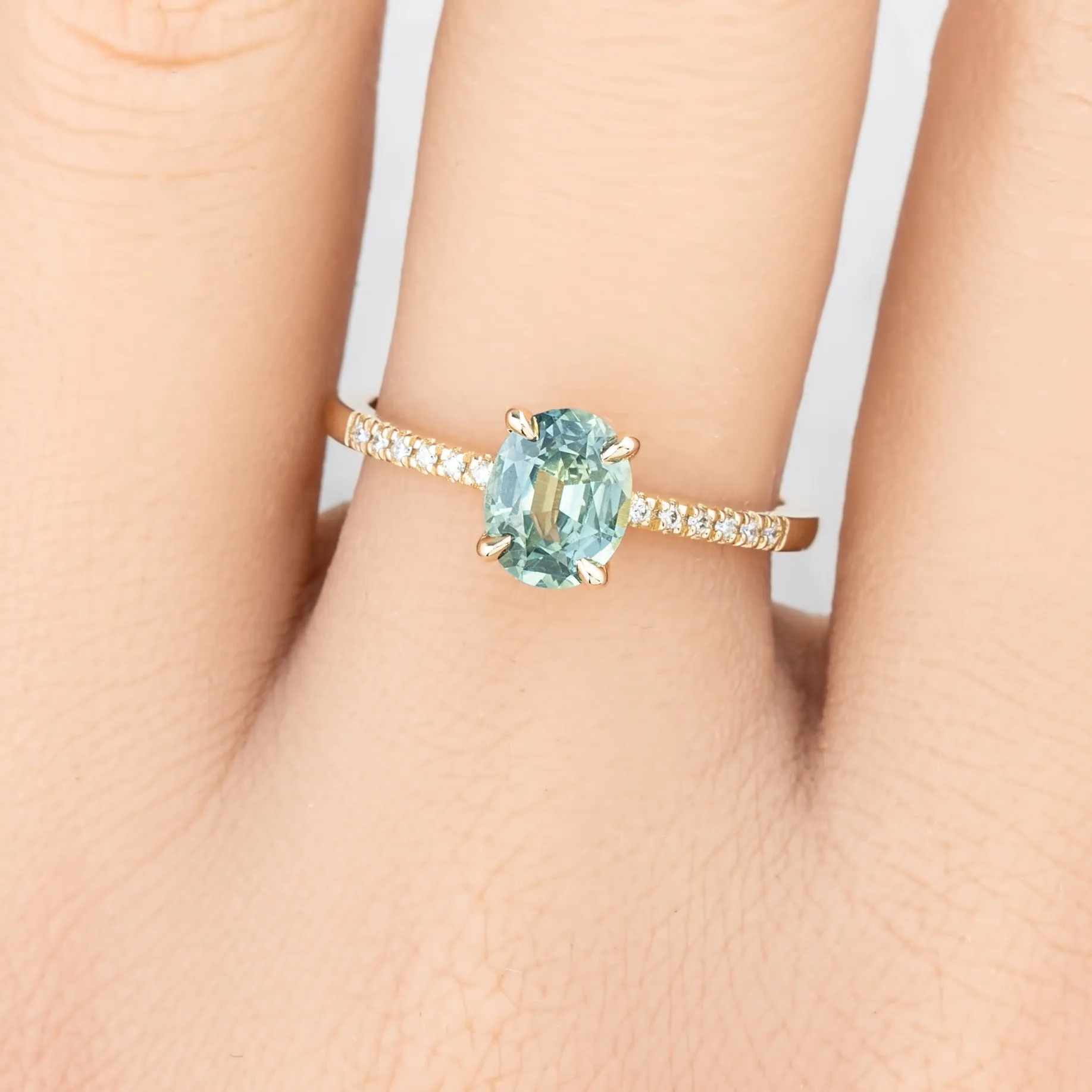 Audrey Ring 1.20ct Light Blue Green Montana Sapphire, 14k Yellow Gold (One of a kind)