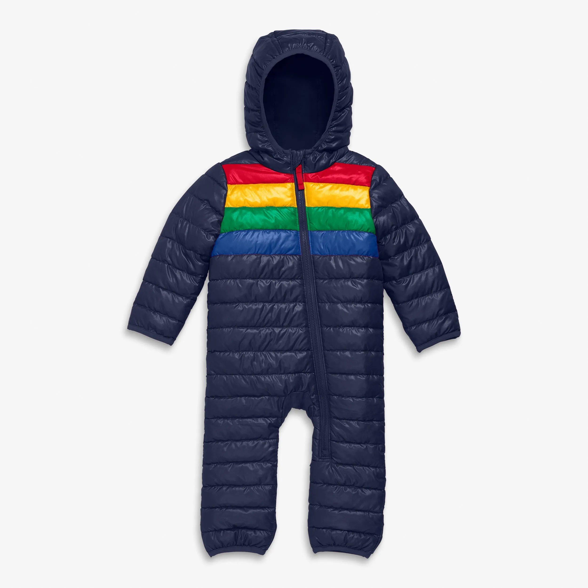 Baby lightweight puffer suit in rainbow stripe