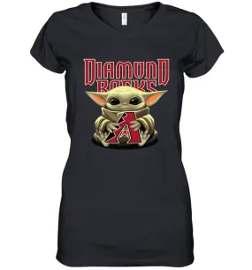 Baby Yoda Hugs Loves The Arizona Diamondbacks Baseball Womens V-Neck T-Shirt