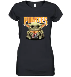 Baby Yoda Hugs Loves The Pittsburgh Pirates Baseball Womens V-Neck T-Shirt