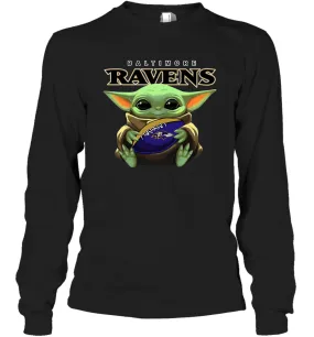 Baby Yoda Loves The Baltimore Ravens Star Wars Baby Yoda Hugs Ravens NFL Adult Long Sleeve T-Shirt