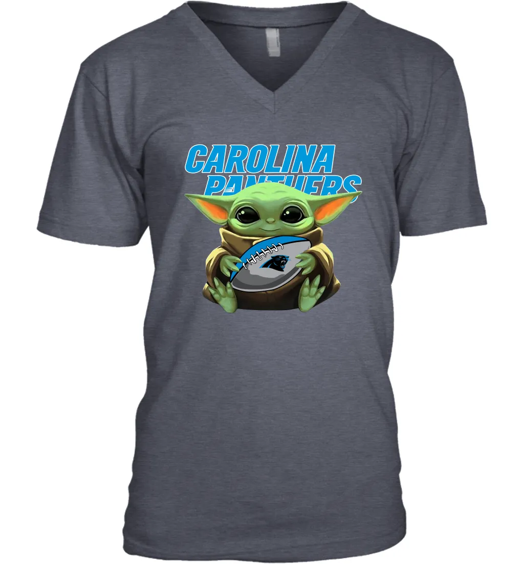 Baby Yoda Loves The Carolina Panthers Star Wars Baby Yoda Hugs Panthers NFL Mens V-Neck T-Shirt