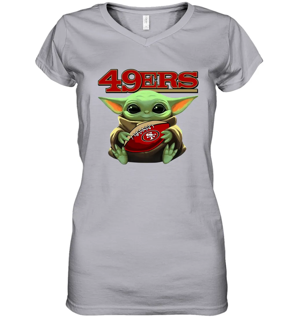 Baby Yoda Loves The San Francisco 49ers Star Wars Baby Yoda Hugs 49ers NFL Womens V-Neck T-Shirt