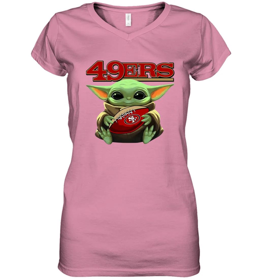 Baby Yoda Loves The San Francisco 49ers Star Wars Baby Yoda Hugs 49ers NFL Womens V-Neck T-Shirt