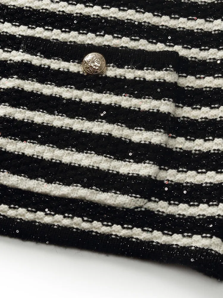 Black And White Stripe Women Cardigan