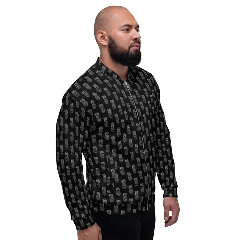 Black Pineapple Bomber Jacket, Modern Unisex Jacket For Men/Women With Pockets - Made in USA/ MX/ EU