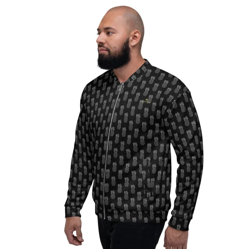 Black Pineapple Bomber Jacket, Modern Unisex Jacket For Men/Women With Pockets - Made in USA/ MX/ EU