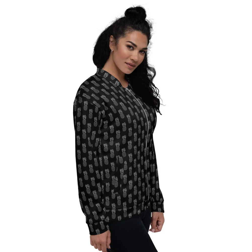 Black Pineapple Bomber Jacket, Modern Unisex Jacket For Men/Women With Pockets - Made in USA/ MX/ EU