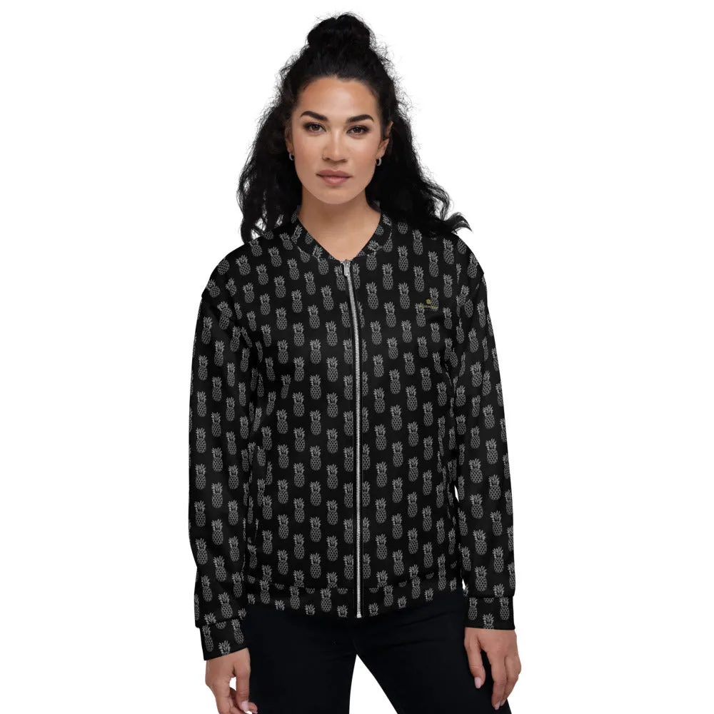 Black Pineapple Bomber Jacket, Modern Unisex Jacket For Men/Women With Pockets - Made in USA/ MX/ EU