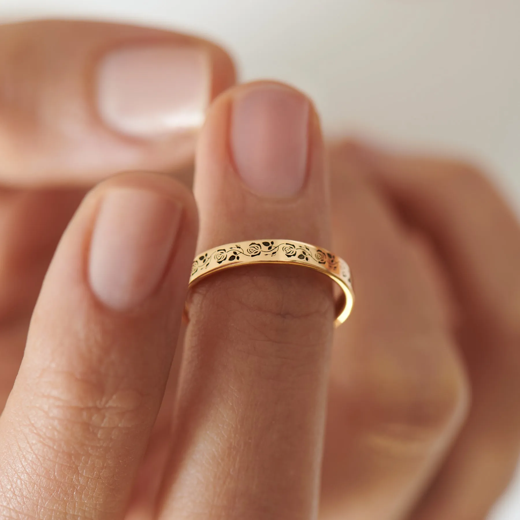 Black Rose Engraved Full Eternity Gold Wedding Band