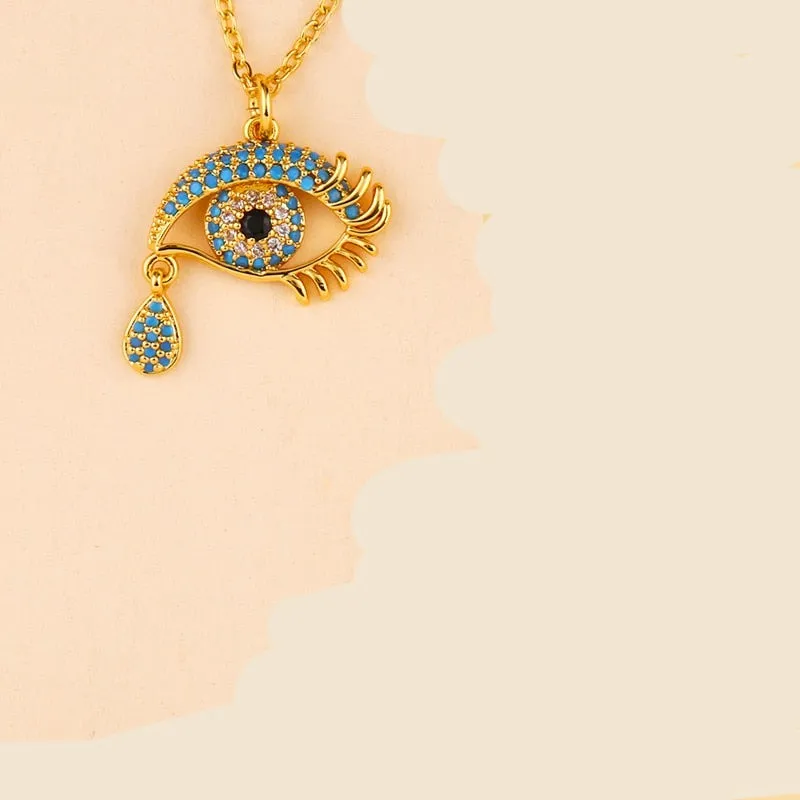 Blue Evil Eye Teardrop Charm Pendant Necklace