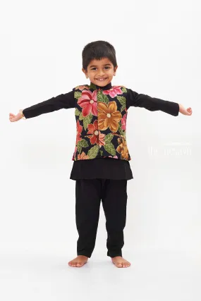 Boys Floral Jacket and Black Kurta Pant Set