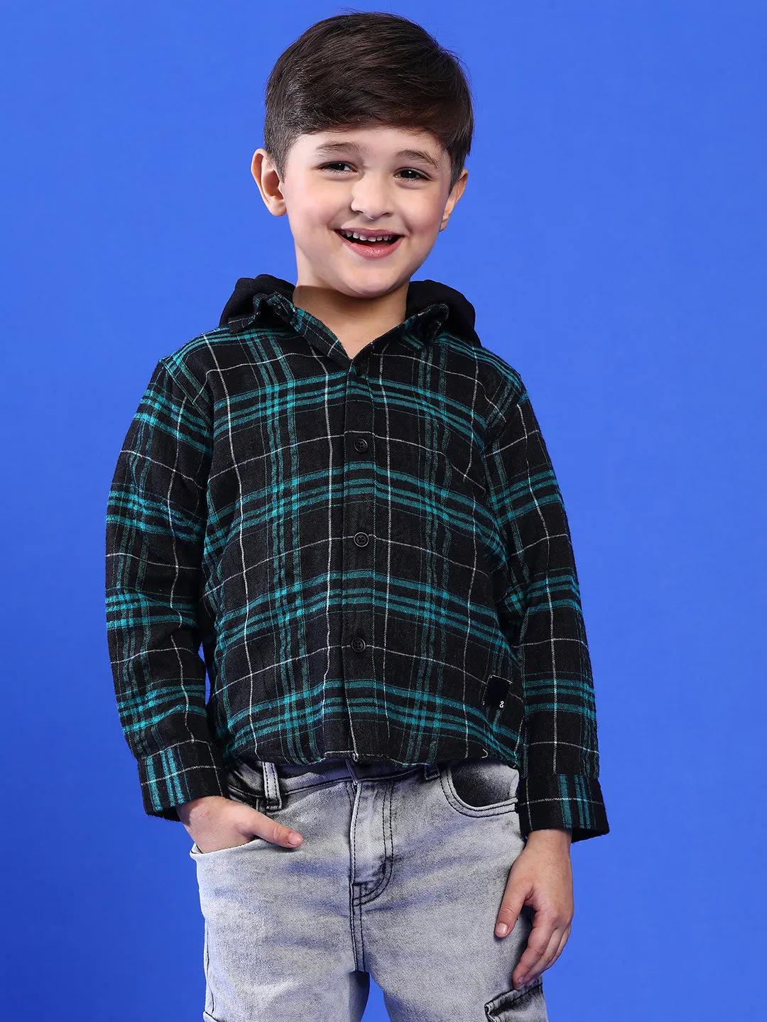 Boys Green Full Sleeves Cotton Poly Checked Regular Fit Shirt with Hood