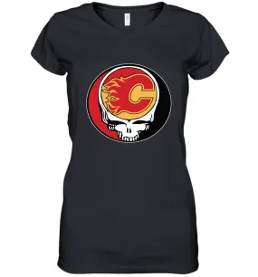 Calgary Flames Grateful Dead Steal Your Face Hockey NHL Womens V-Neck T-Shirt