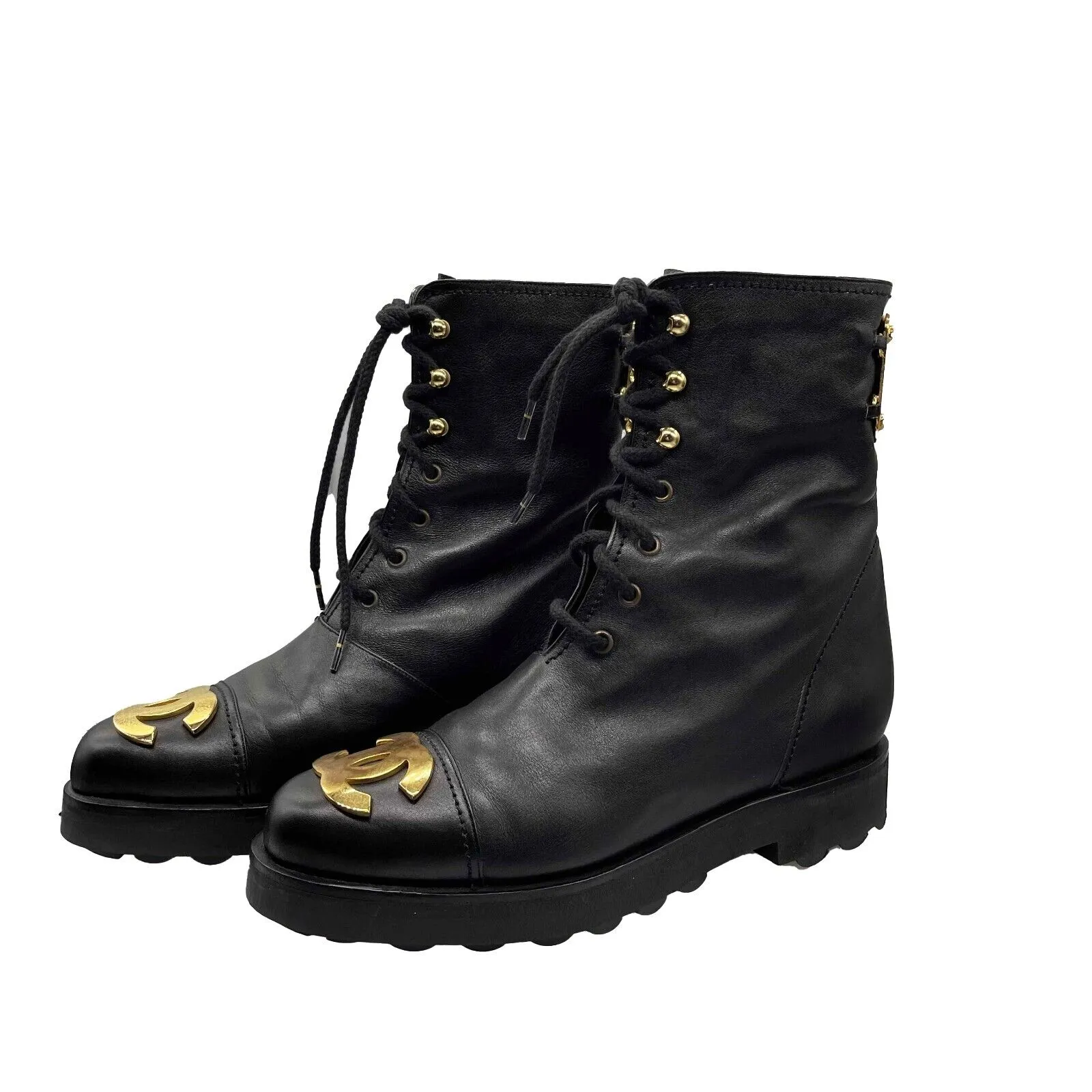 Chanel RARE Vintage Combat Boots w/Gold Plated Plaque 1990 Black FR 36 US 5.5