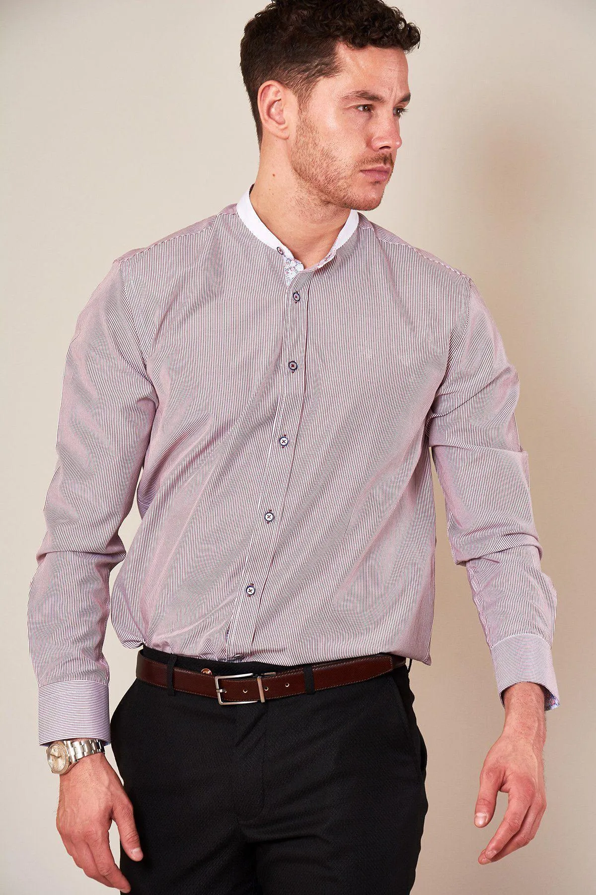 COOPER - Grandad Collar Wine Stripe Shirt