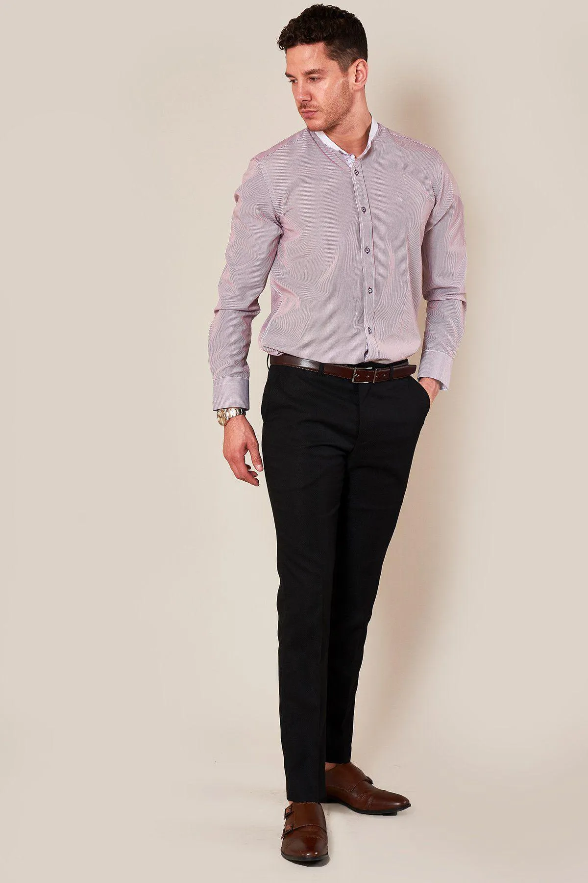 COOPER - Grandad Collar Wine Stripe Shirt