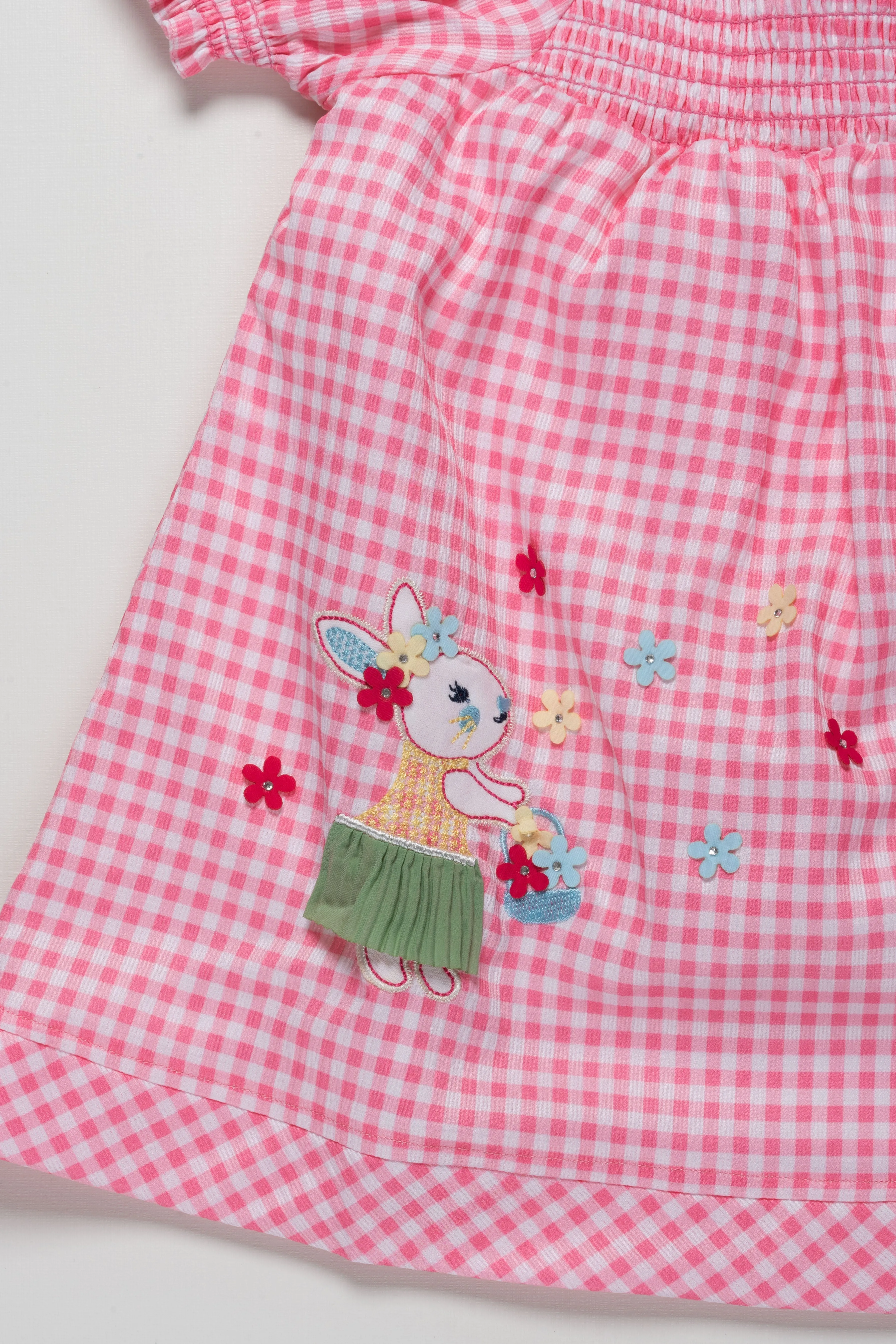 Delightful Girls Pink Gingham Cotton Frock with Bunny and Flower Embroidery