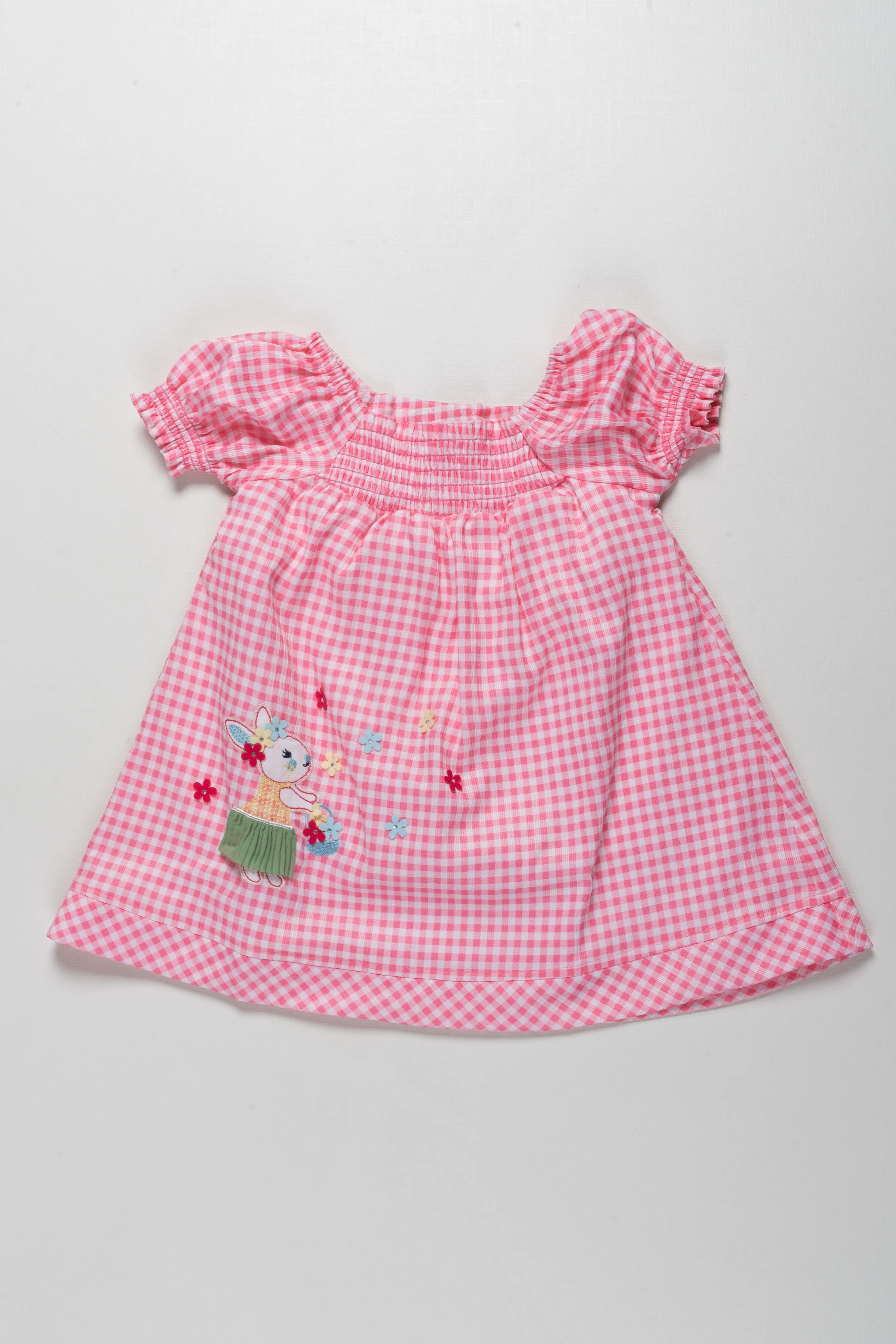 Delightful Girls Pink Gingham Cotton Frock with Bunny and Flower Embroidery