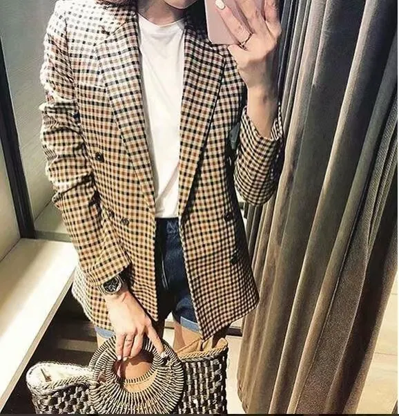 Double Breasted Khaki Lapel Collar Checkered Blazer Suit Womens