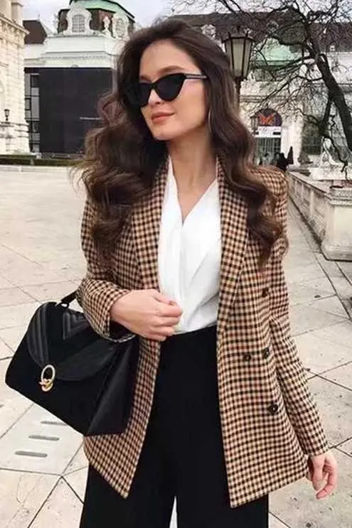 Double Breasted Khaki Lapel Collar Checkered Blazer Suit Womens