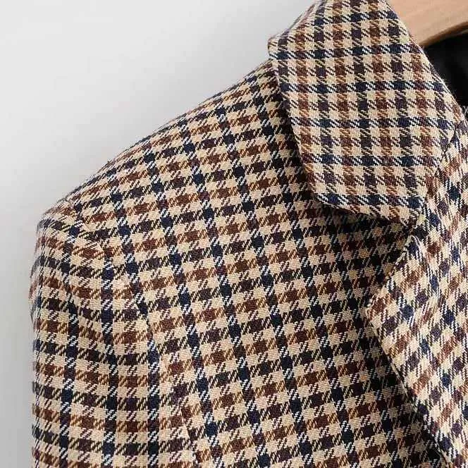 Double Breasted Khaki Lapel Collar Checkered Blazer Suit Womens