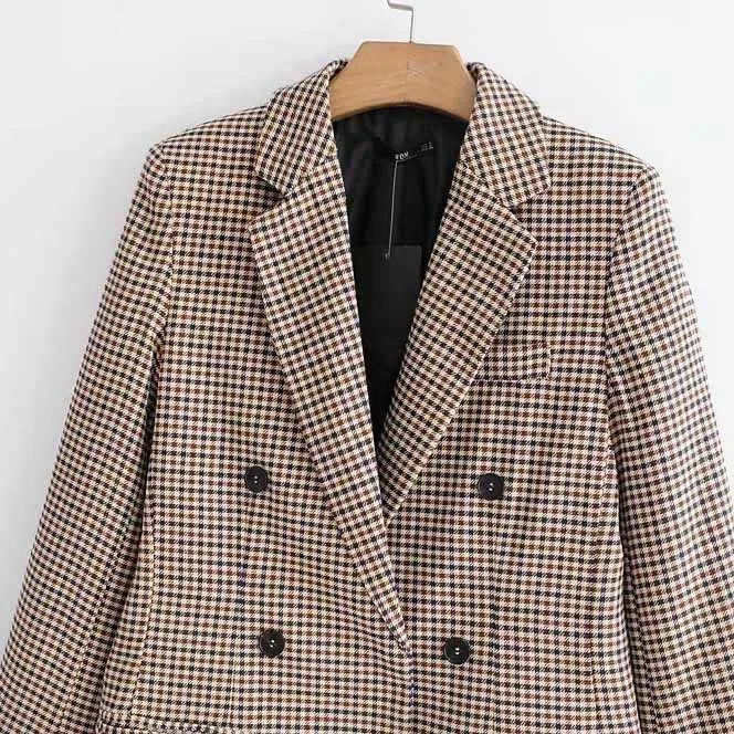 Double Breasted Khaki Lapel Collar Checkered Blazer Suit Womens