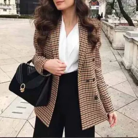 Double Breasted Khaki Lapel Collar Checkered Blazer Suit Womens