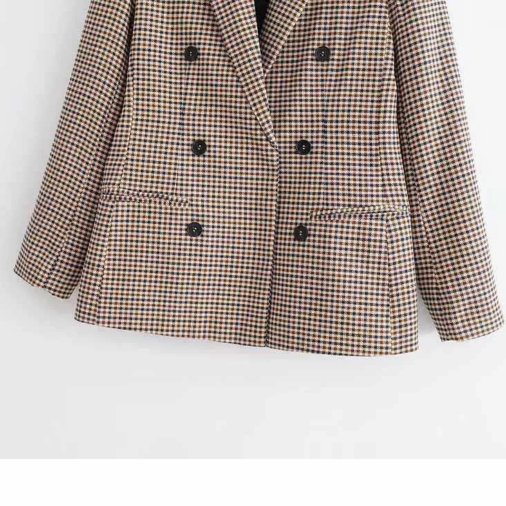 Double Breasted Khaki Lapel Collar Checkered Blazer Suit Womens