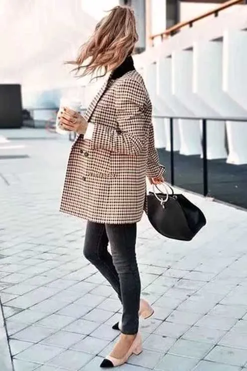 Double Breasted Khaki Lapel Collar Checkered Blazer Suit Womens