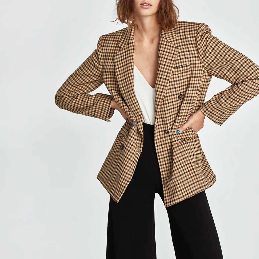 Double Breasted Khaki Lapel Collar Checkered Blazer Suit Womens