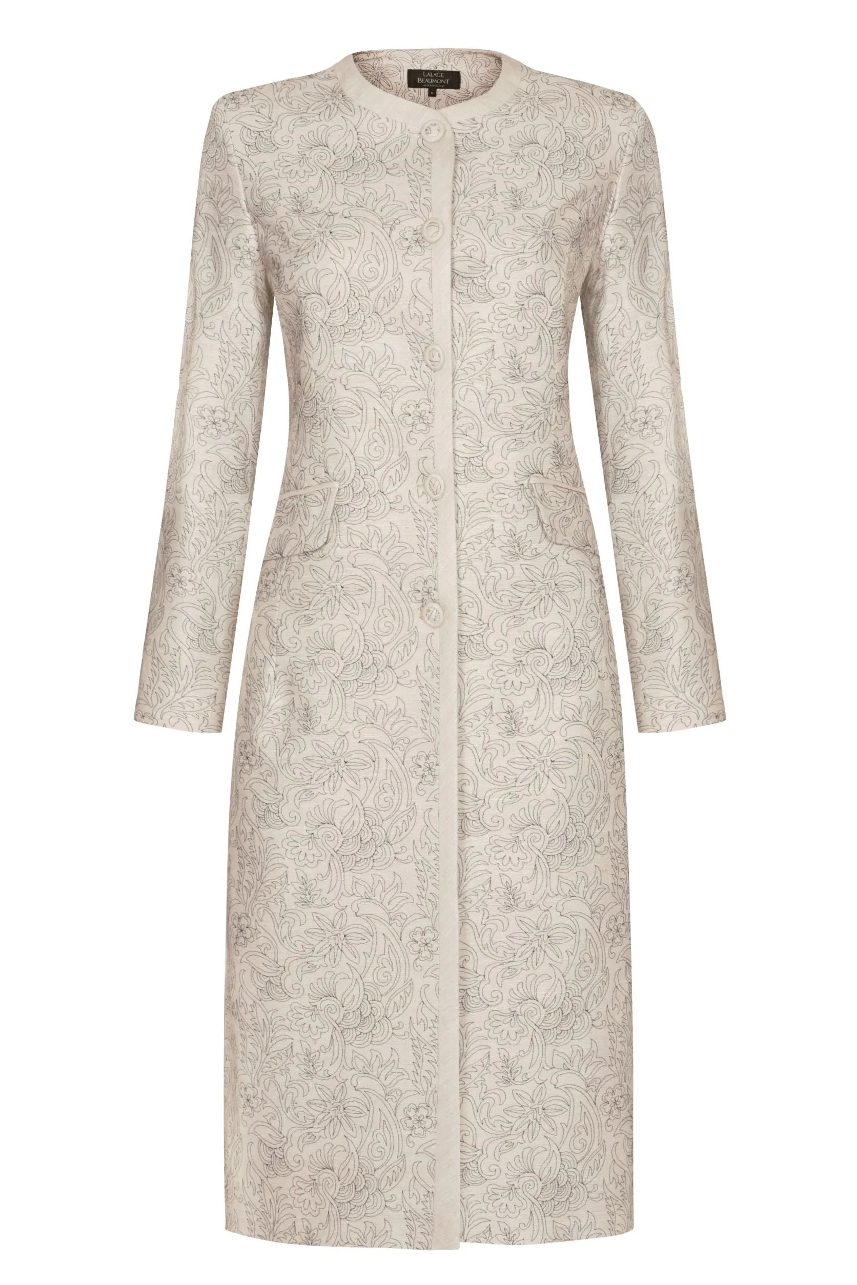 Embroidered Dress Coat in Champagne Raw Silk, with Navy - Chloe