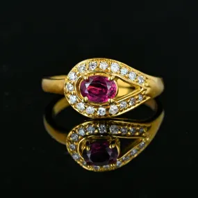 Fine 18K Gold Button Style Diamond Ruby Ring