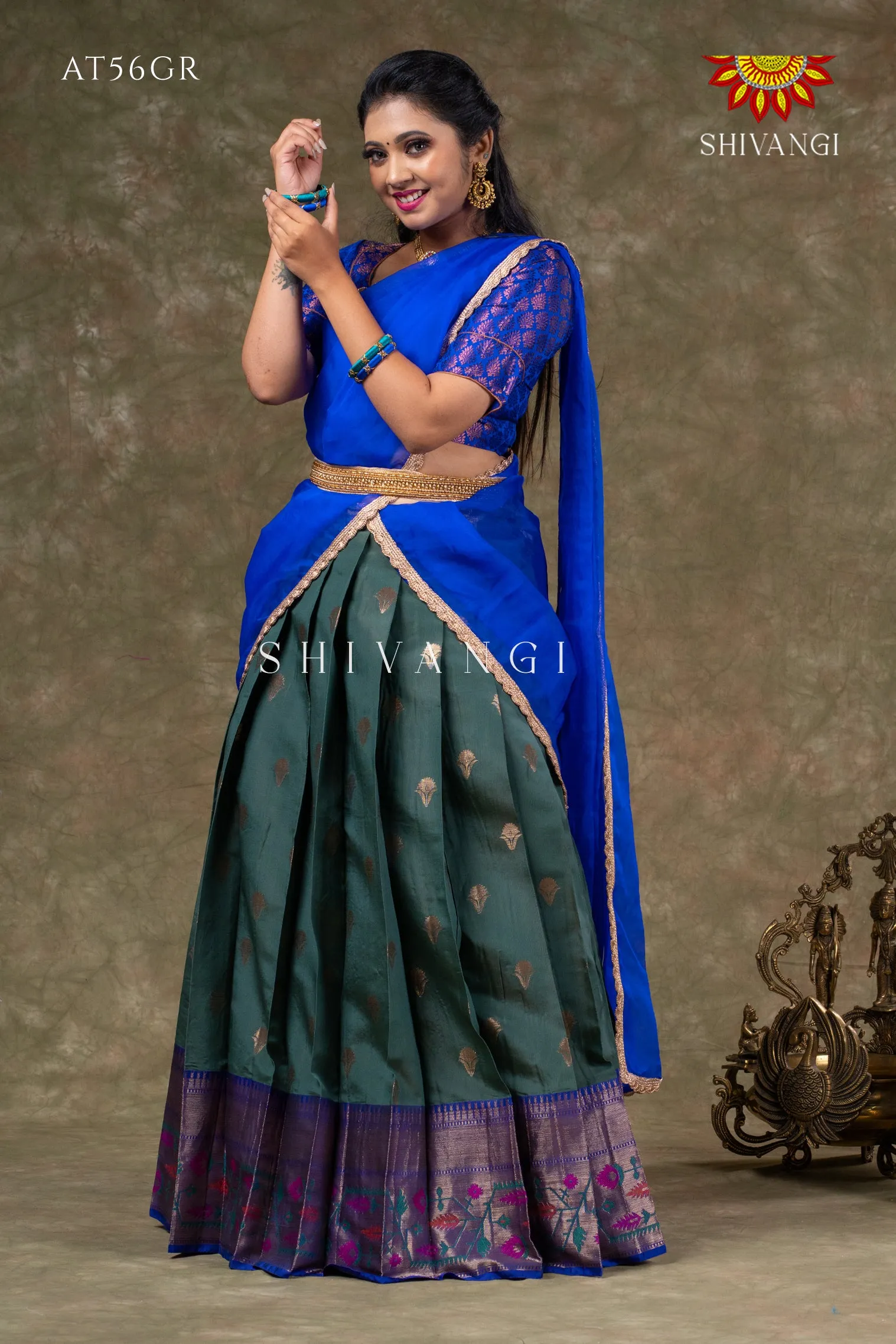 Girls Green Sword Lilly Half Saree | Langa Davani