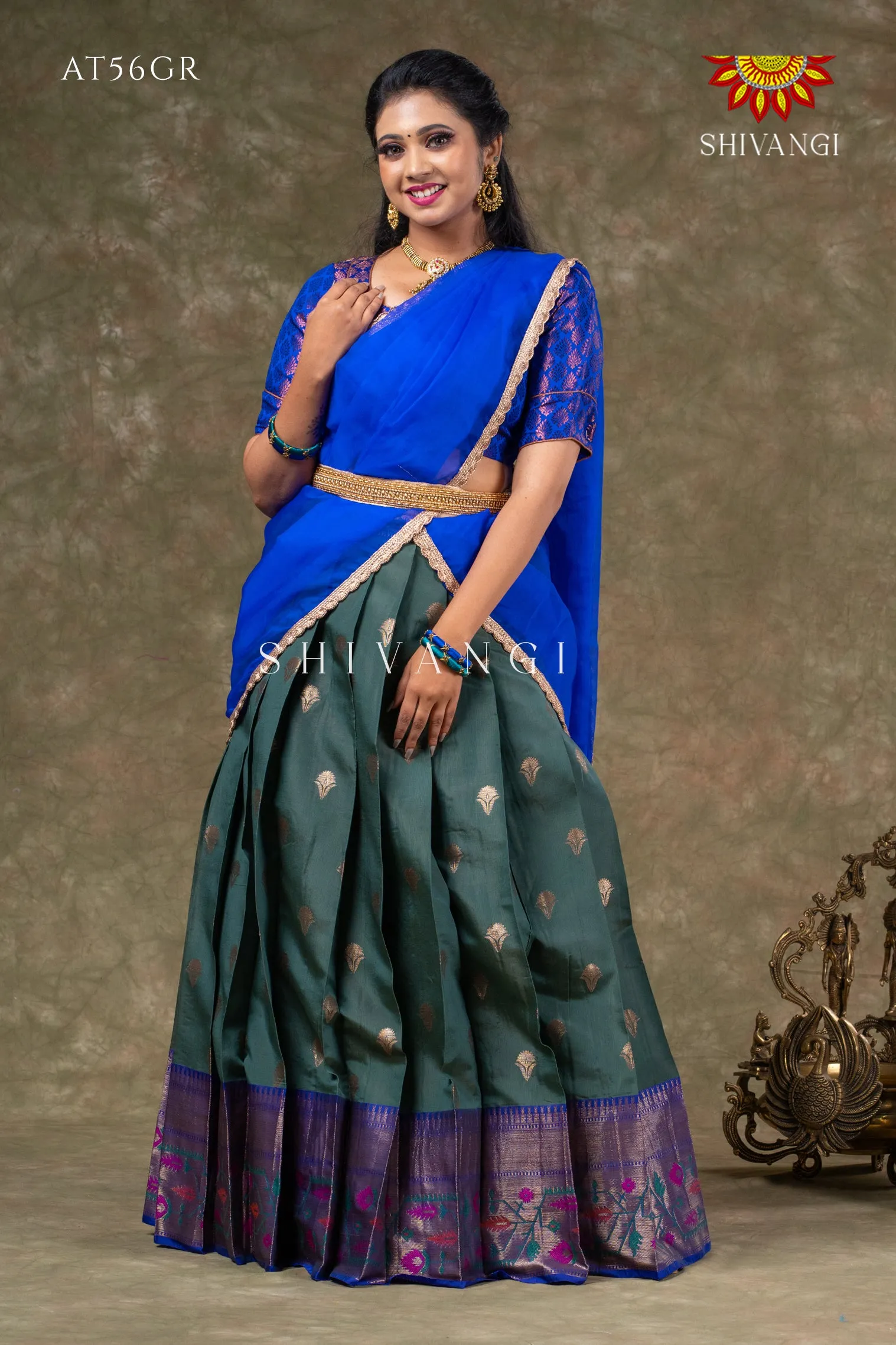 Girls Green Sword Lilly Half Saree | Langa Davani