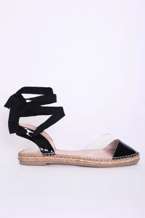 Glamorous Black Patent Clear Lace Up Espadrilles