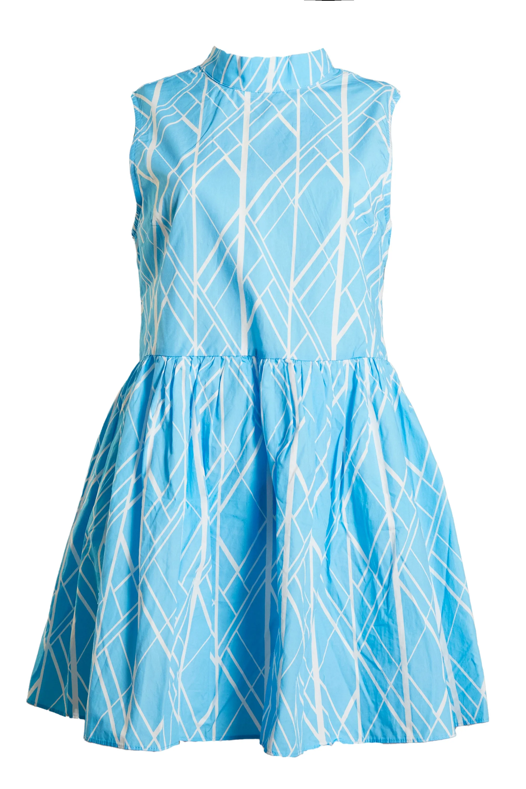 Glamorous Blue Geo Abstract High Neck Skater Dress