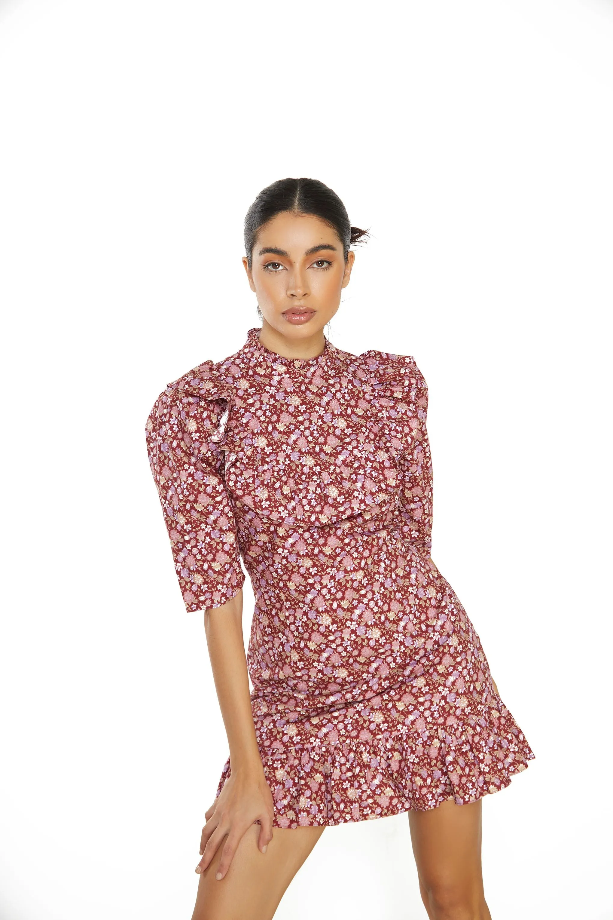 Glamorous Burgundy Chintz Floral 3/4 Length Mini Dress